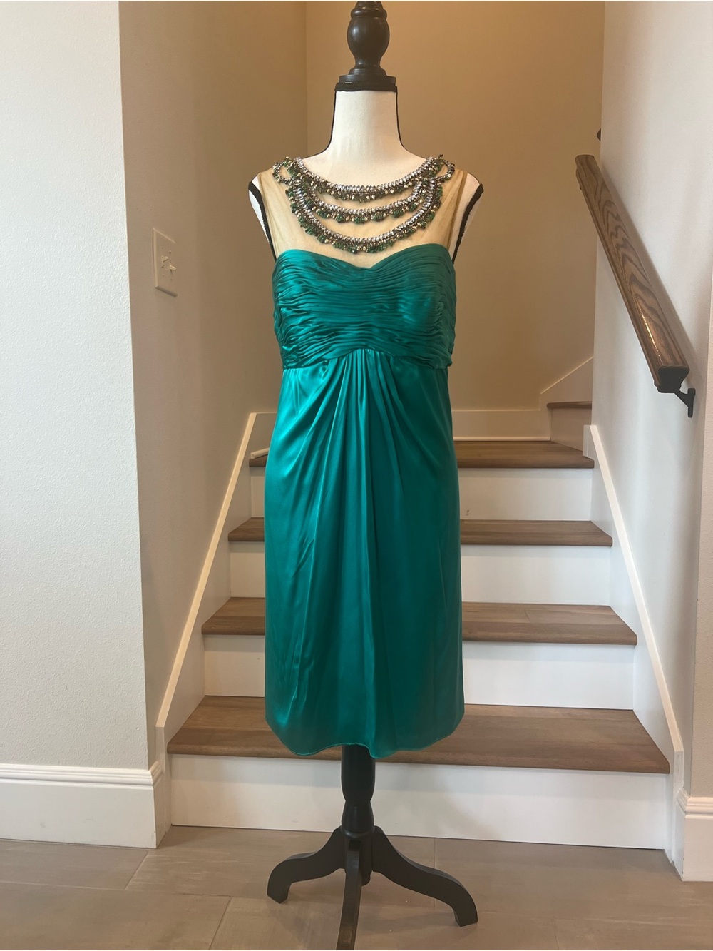 Emerald Green Sleeveless Cocktail Dress with Beaded Illusion Neckline